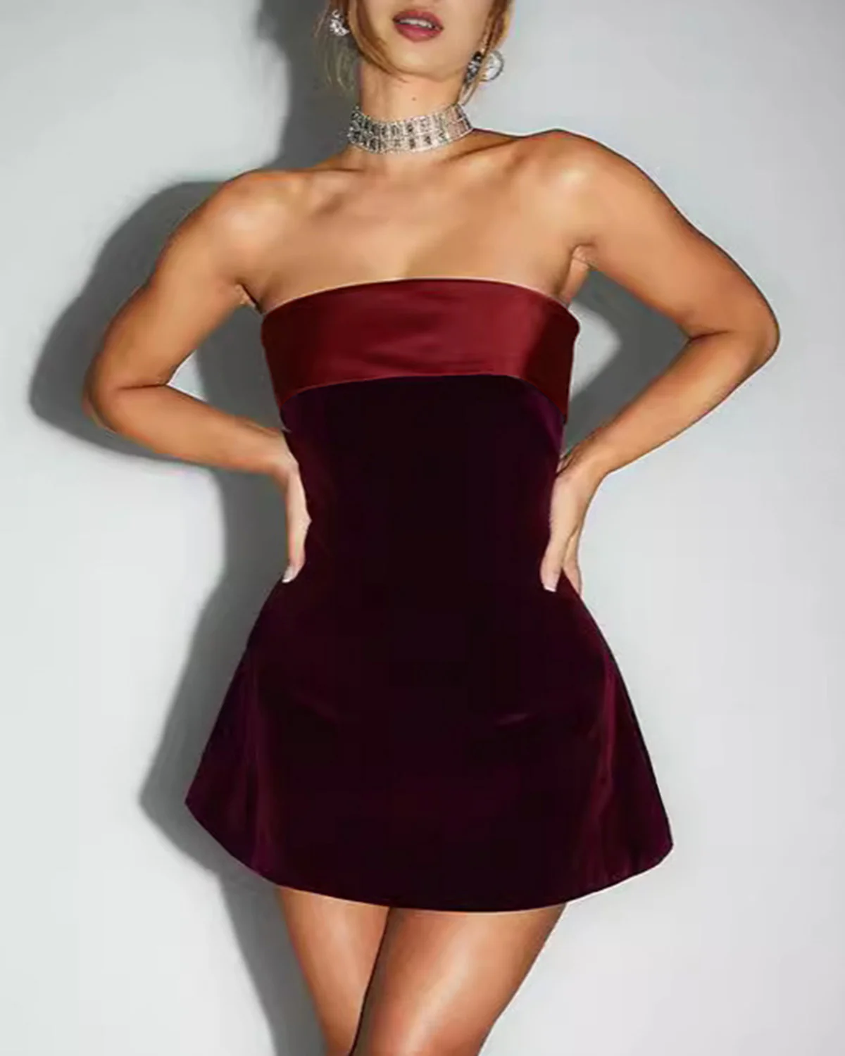 Wine Red Strapless A-Line Mini Dress