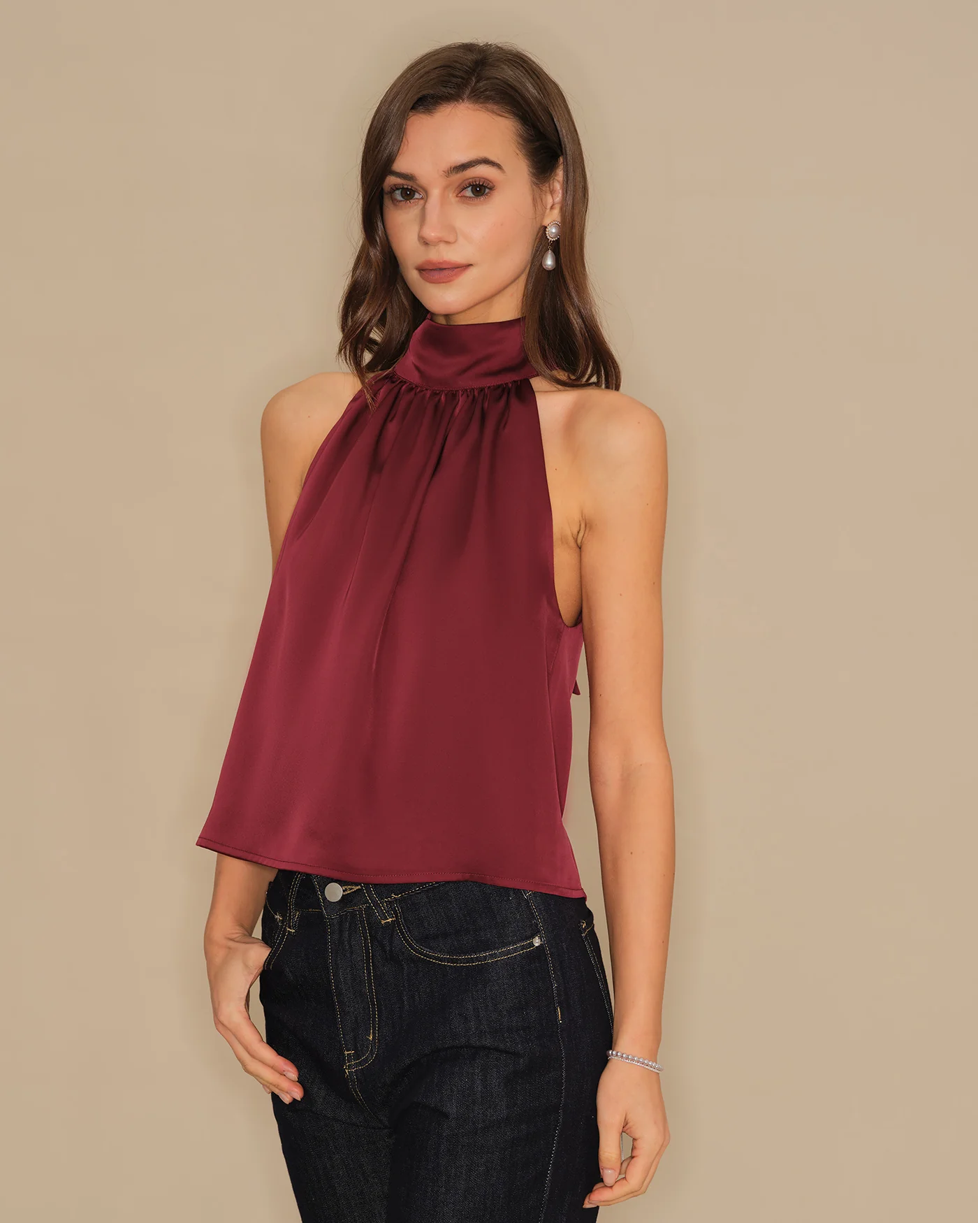 Wine Red Turtle Bowknot Satin Tank Top