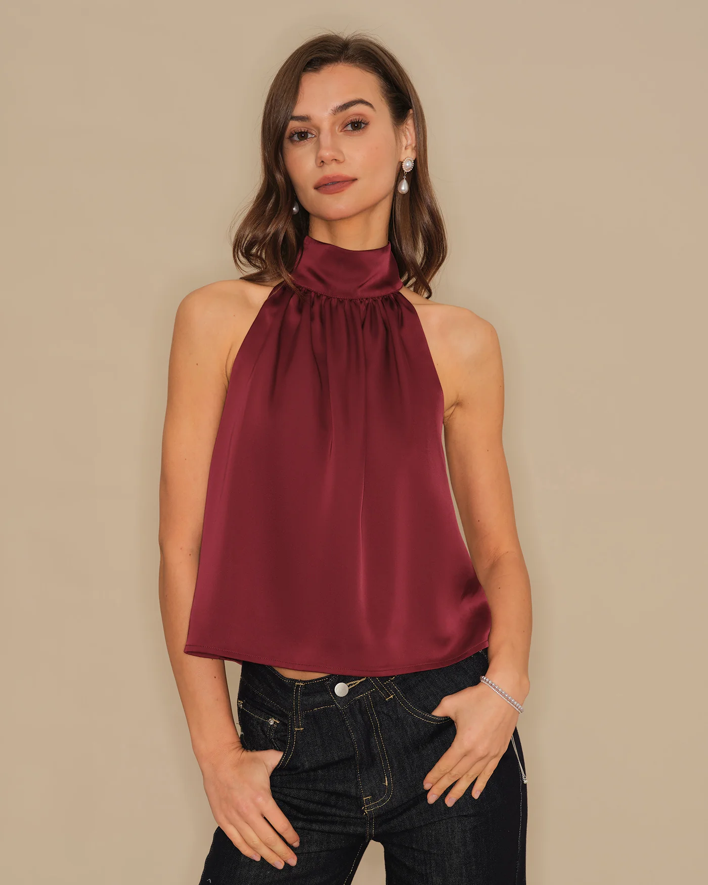 Wine Red Turtle Bowknot Satin Tank Top - Image 3