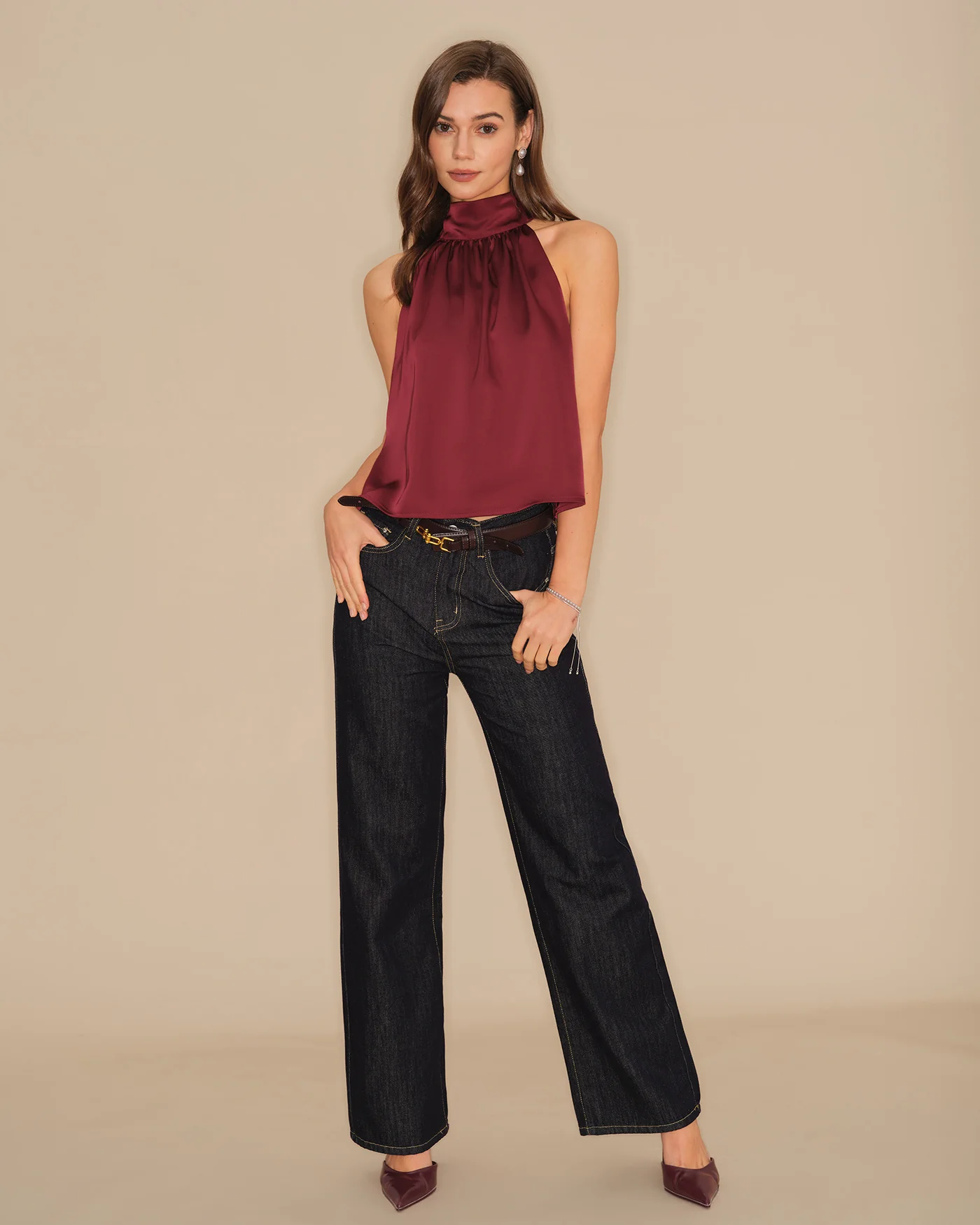 Wine Red Turtle Bowknot Satin Tank Top - Image 5