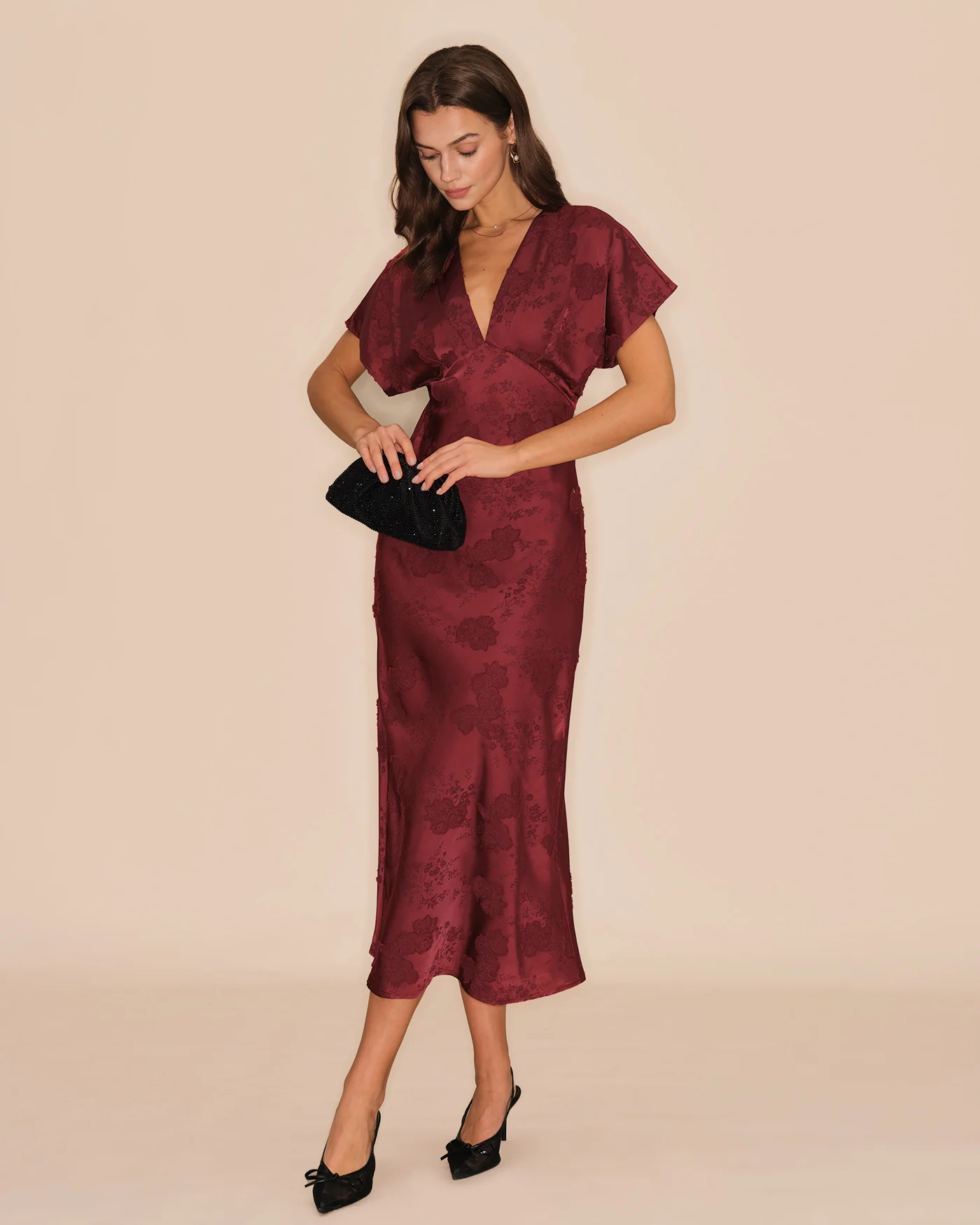 Wine Red V Neck Jacquard Midi Dress