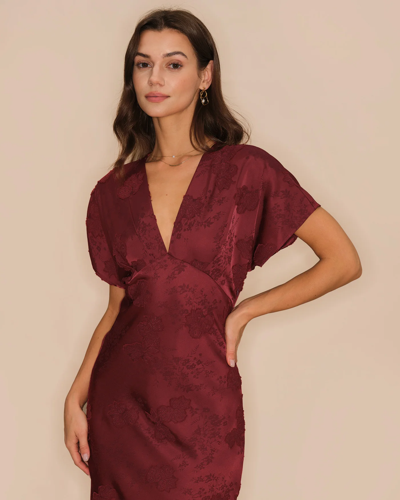 Wine Red V Neck Jacquard Midi Dress - Image 2
