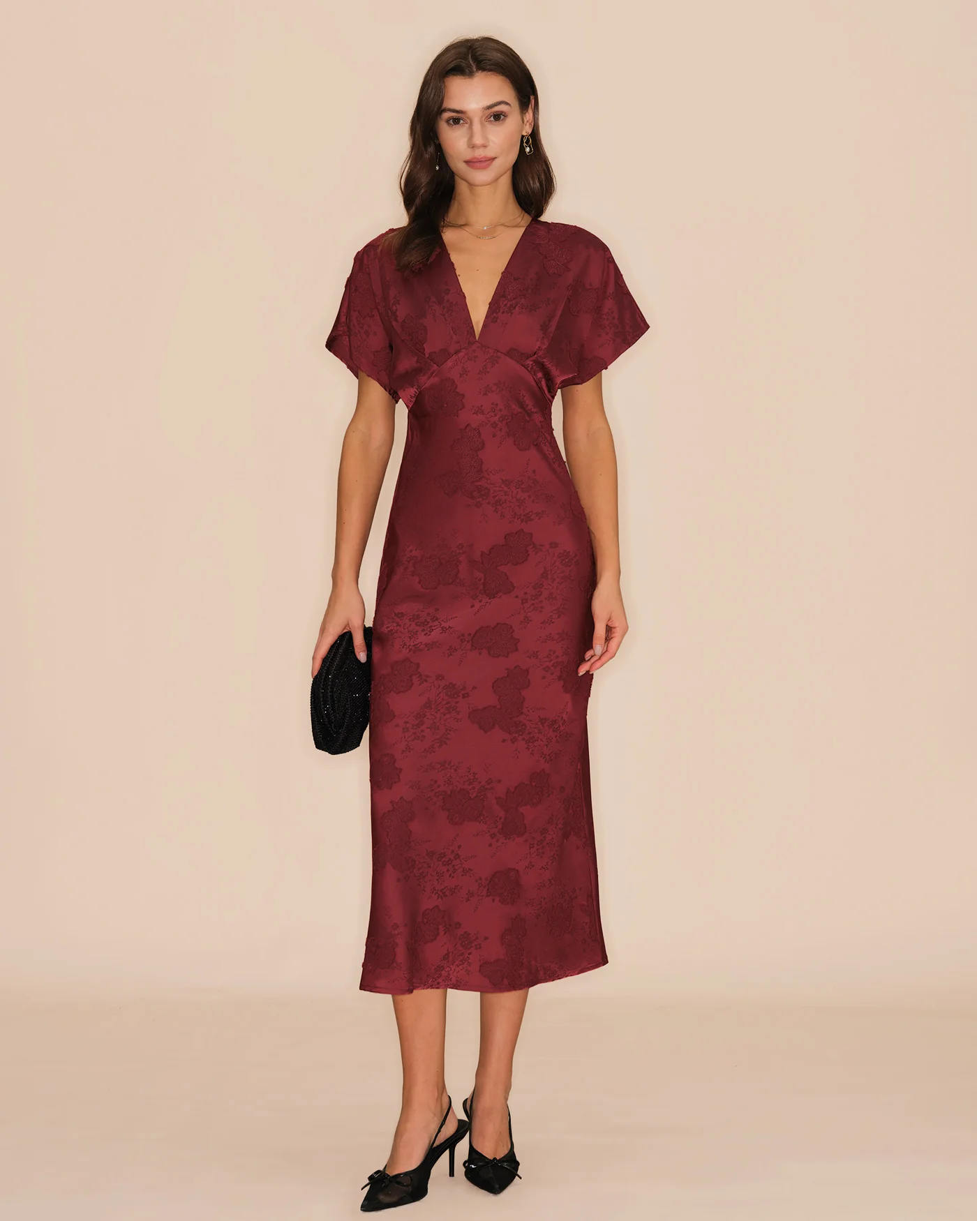 Wine Red V Neck Jacquard Midi Dress - Image 4