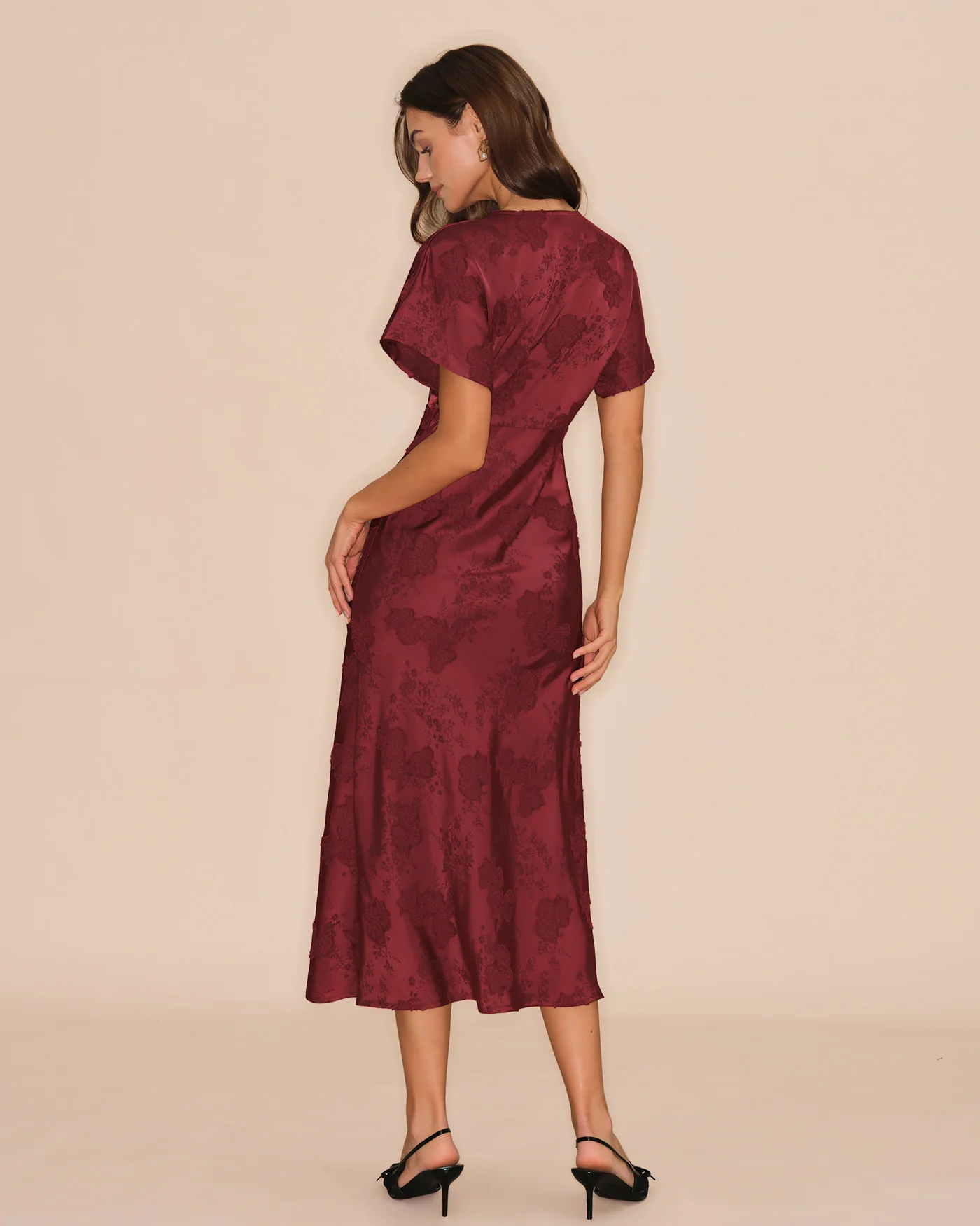 Wine Red V Neck Jacquard Midi Dress - Image 5