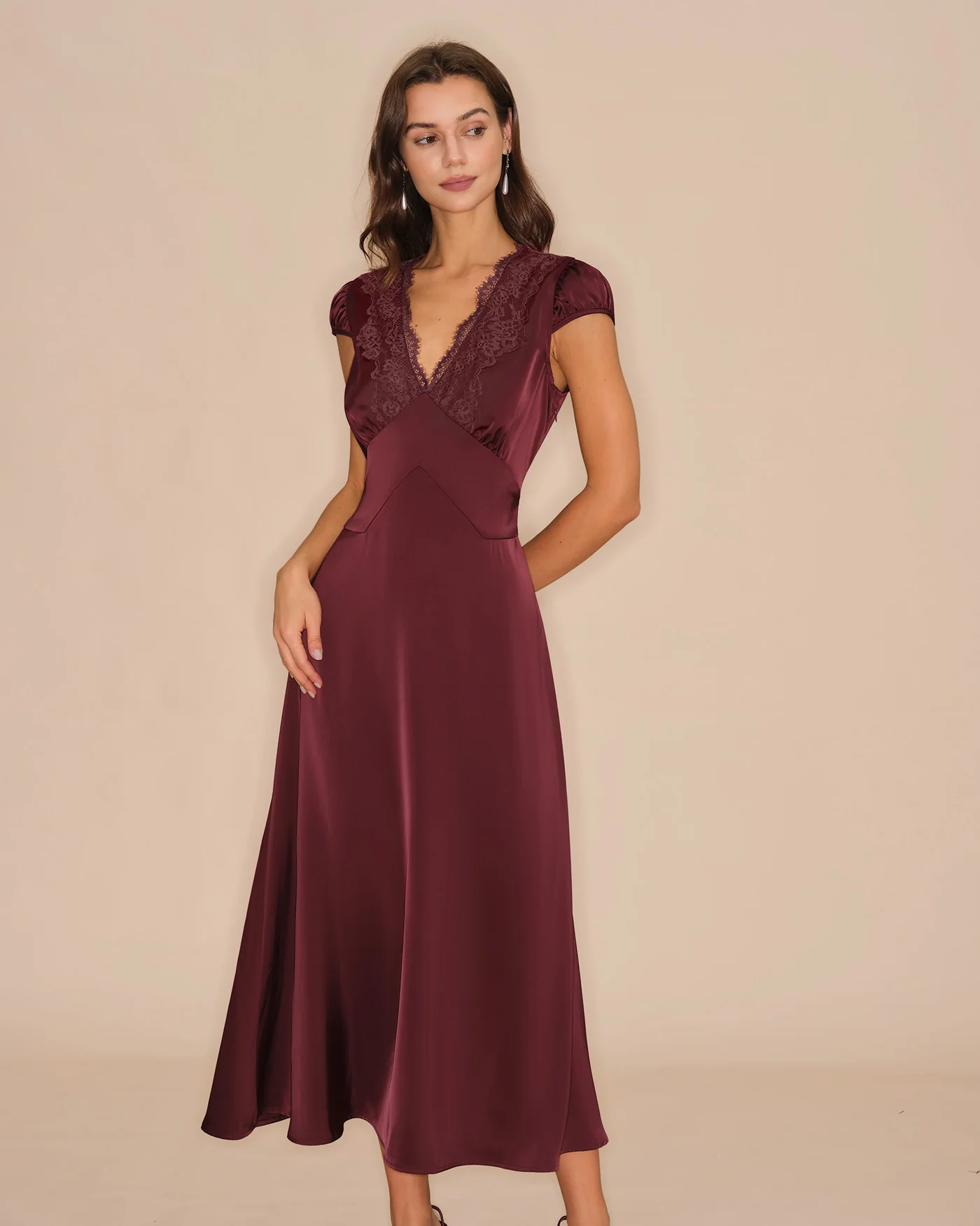 Wine Red V Neck Lace Maxi Dress - Image 3