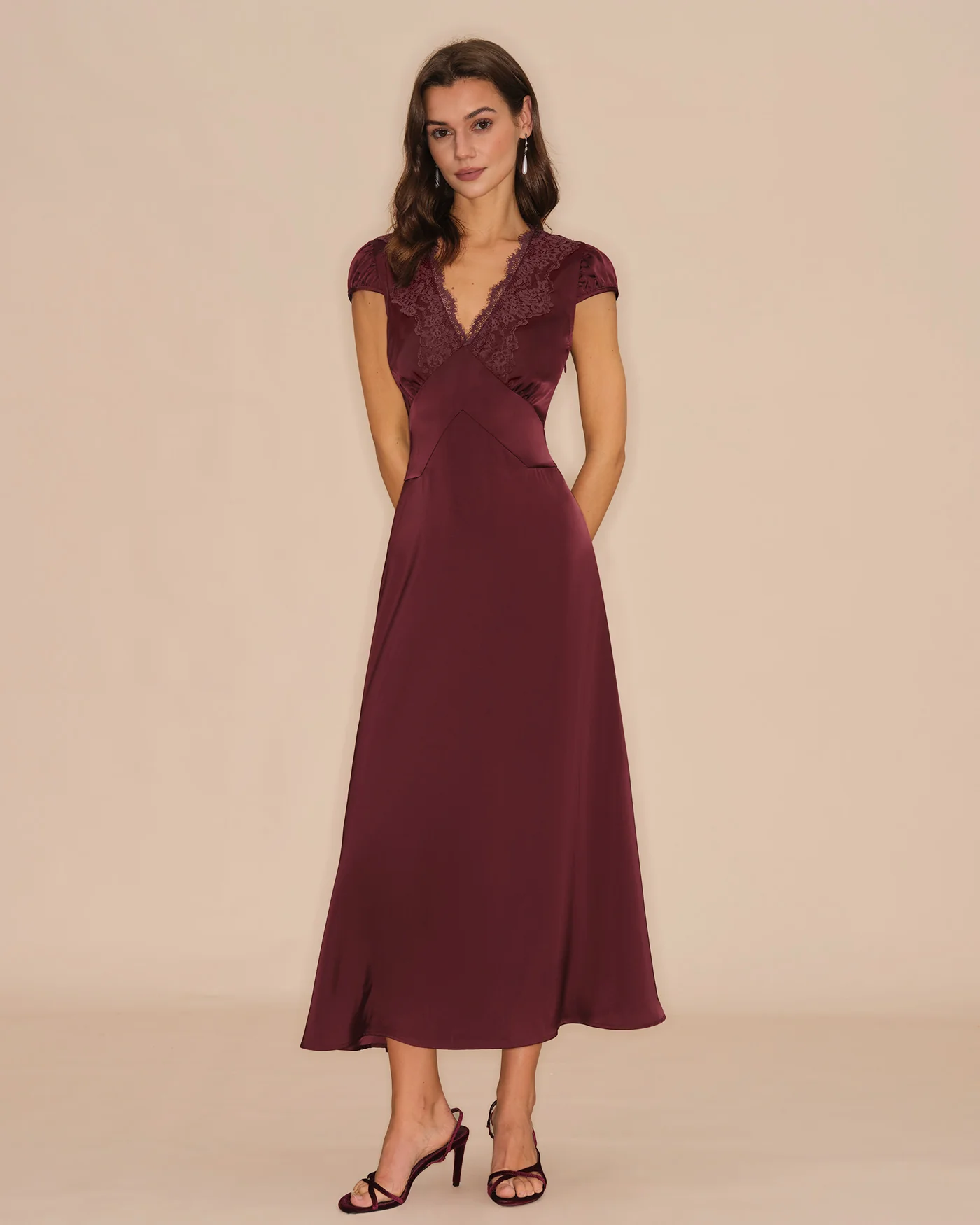 Wine Red V Neck Lace Maxi Dress - Image 4