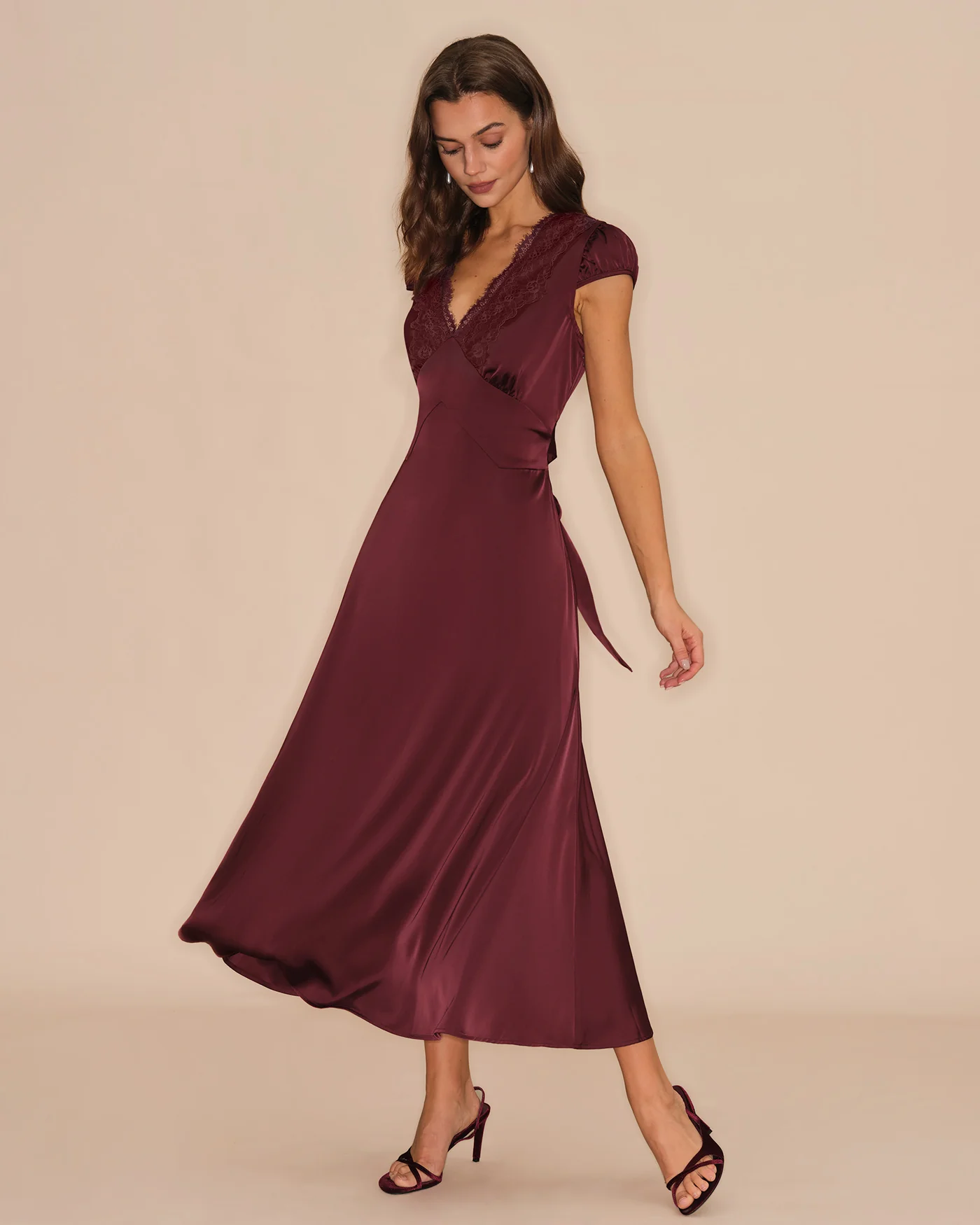 Wine Red V Neck Lace Maxi Dress - Image 5