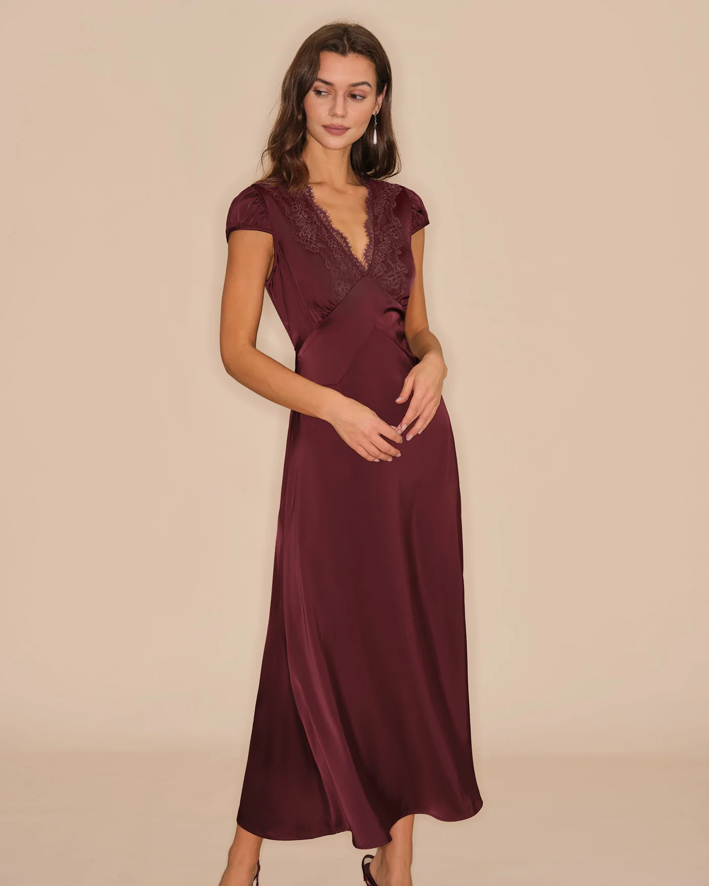 Wine Red V Neck Lace Maxi Dress - Image 6