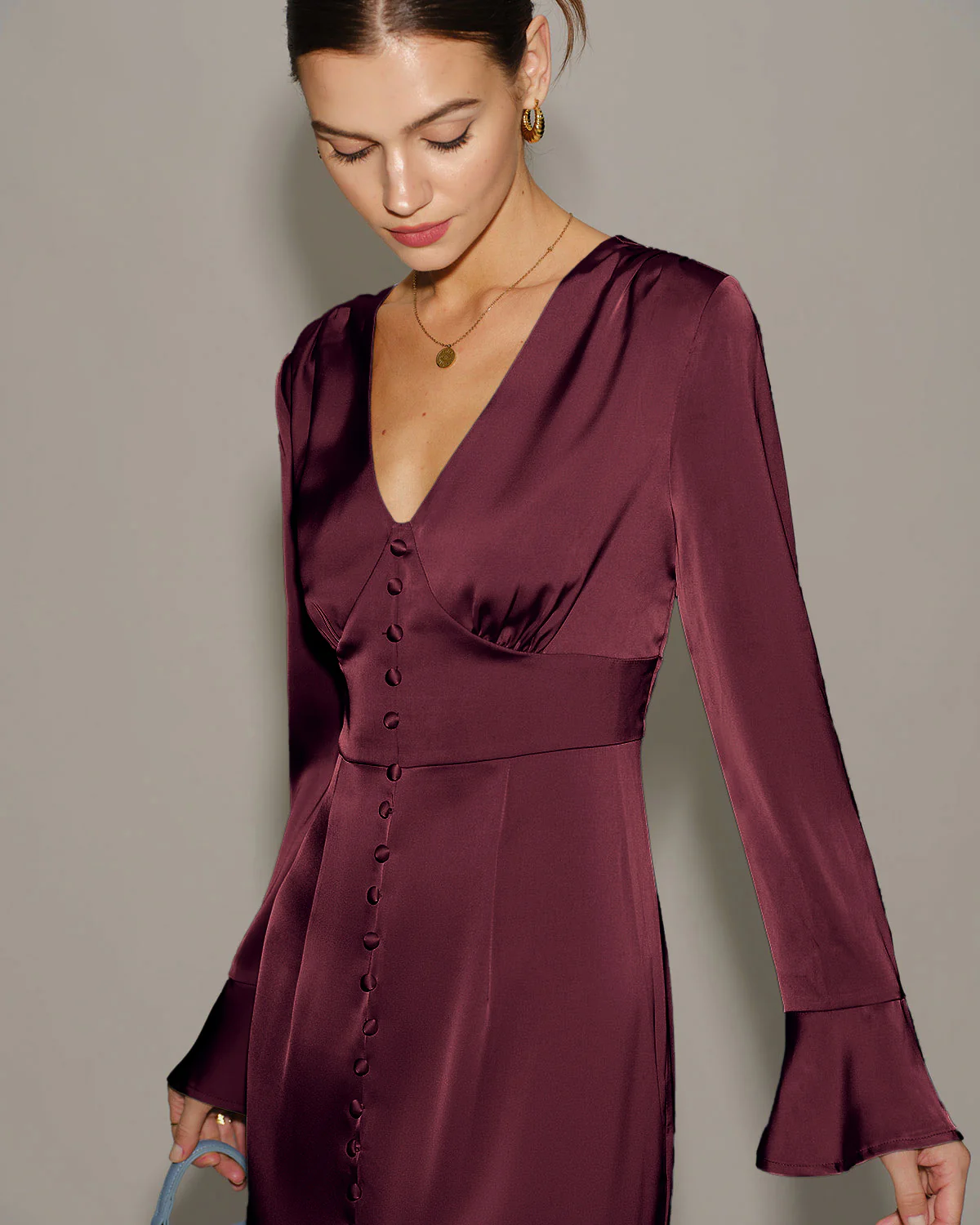 Wine Red V Neck Satin Maxi Dress - Image 2