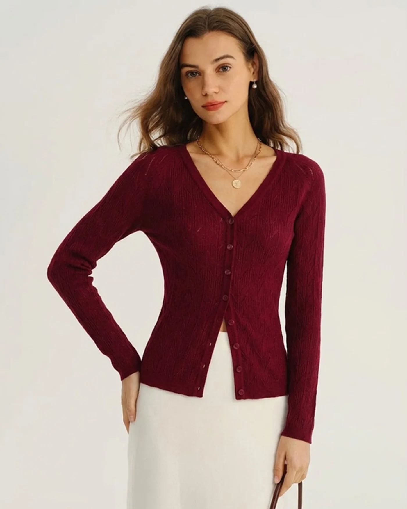 Wine Red V Neck Viscose Knit Cardigan