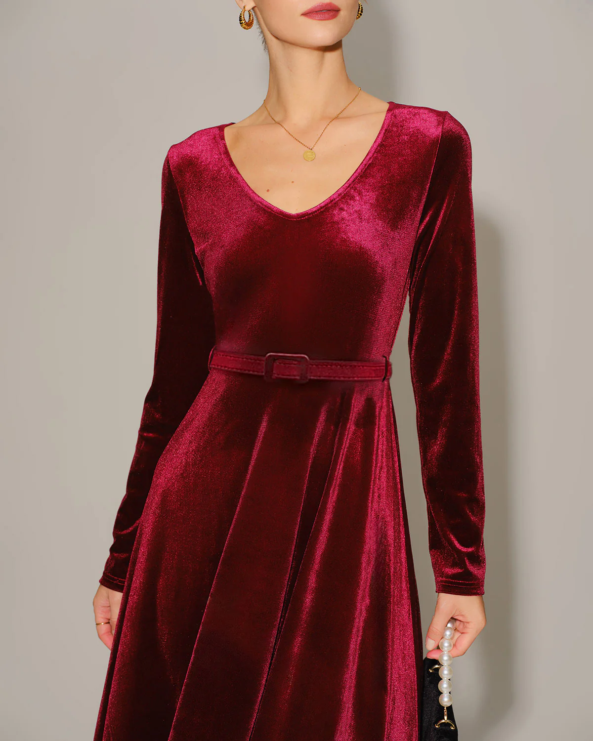 Wine Red Velour V Neck Maxi Dress - Image 2