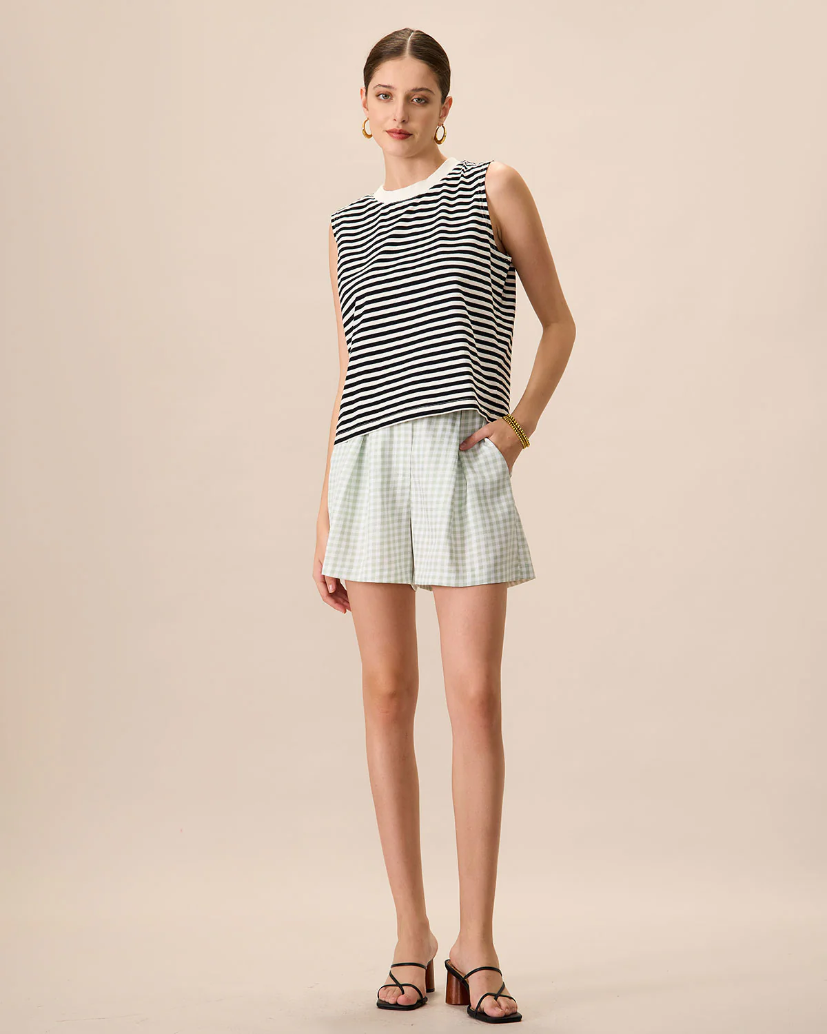 Women's Black Crew Neck Cotton Striped Tank Top - Image 3