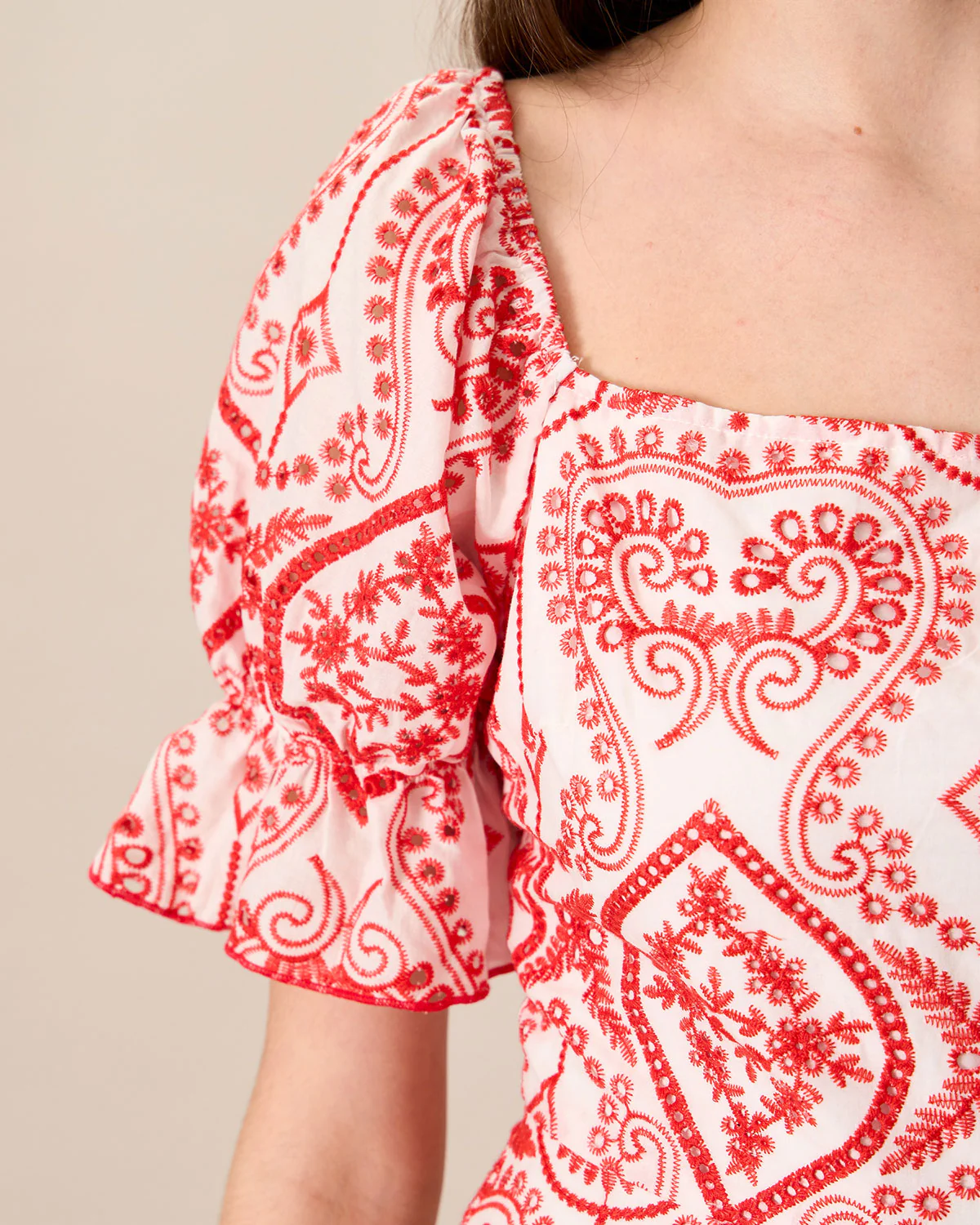 Women's Geometric Embroidery Ruffle Cotton Midi Dress - Image 2