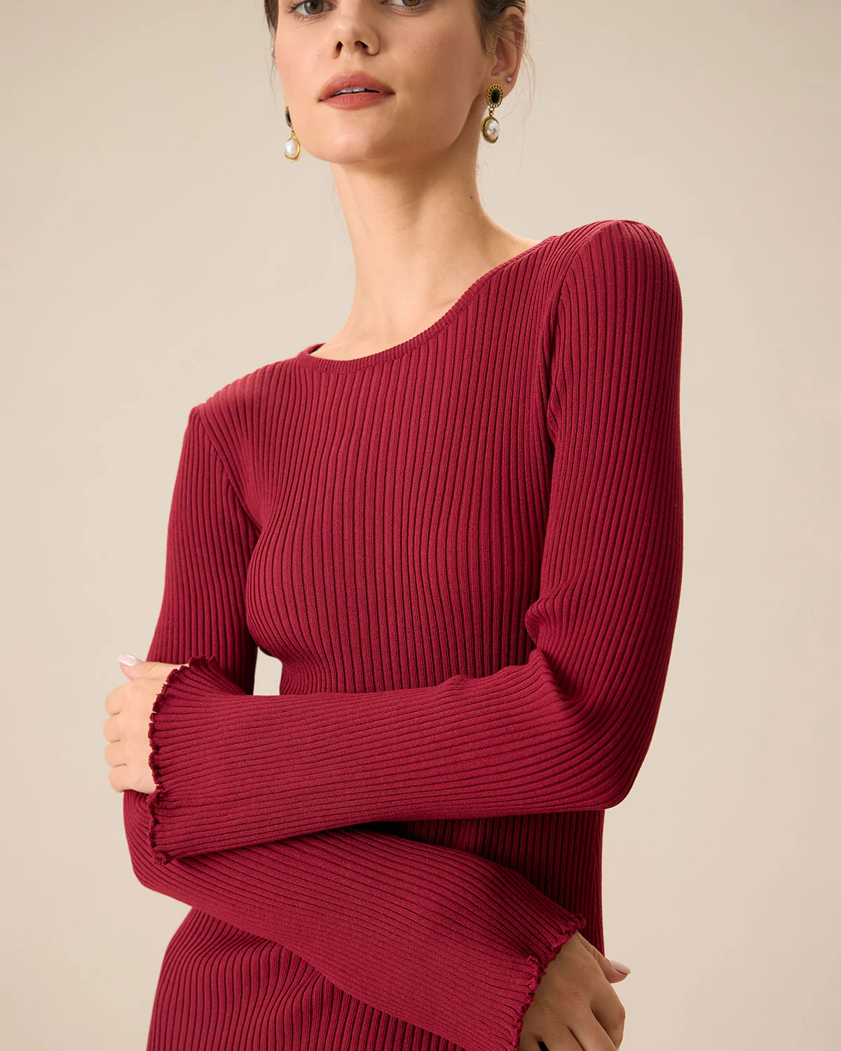 Women's Red Bell Sleeve Bodycon Sweater Dress - Image 2