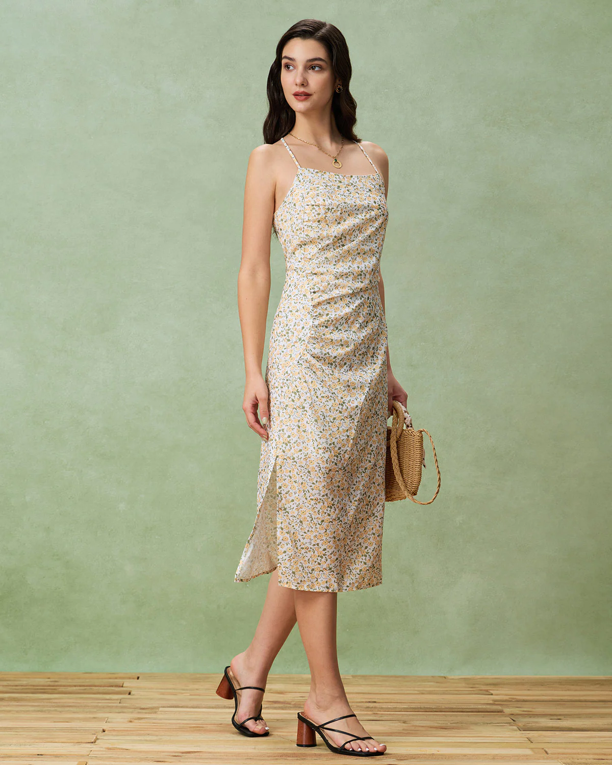 Yellow Floral Ruched Slip Midi Dress - Image 4