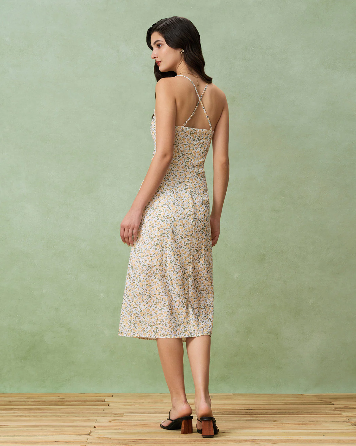 Yellow Floral Ruched Slip Midi Dress - Image 5