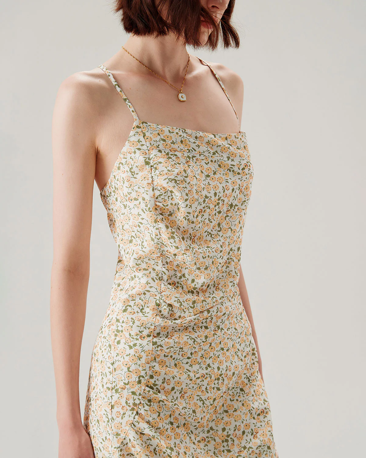 Yellow Floral Ruched Slip Midi Dress - Image 7