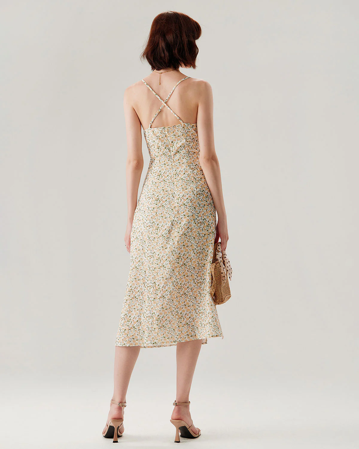 Yellow Floral Ruched Slip Midi Dress - Image 9