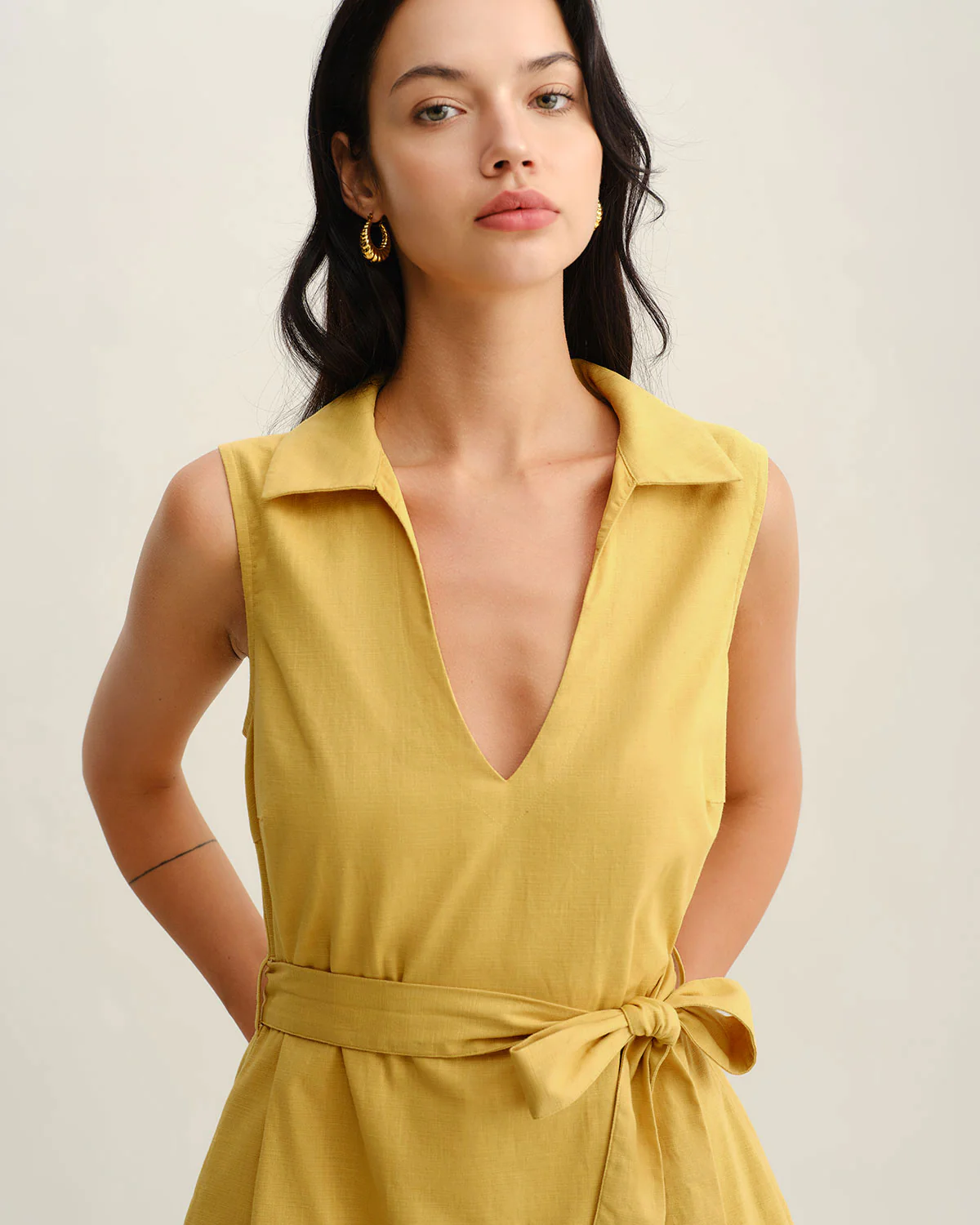 Yellow Tie Waist Sleeveless Mini Dress - Image 2