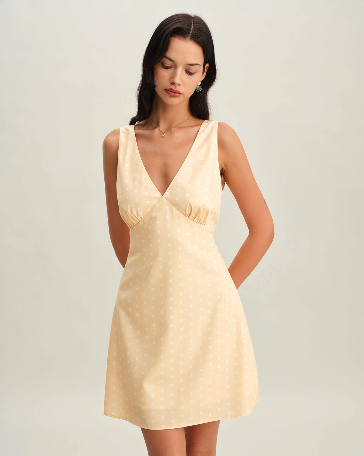 Yellow V Neck Polka Dot Sleeveless Mini Dress