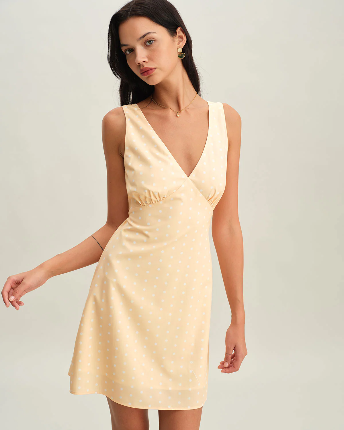Yellow V Neck Polka Dot Sleeveless Mini Dress - Image 3