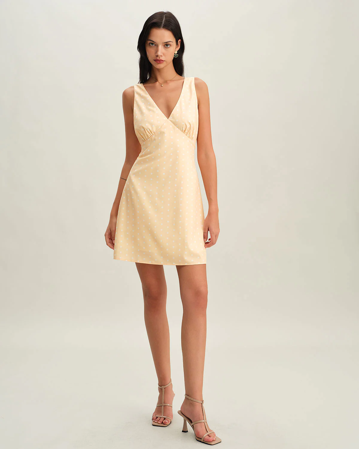 Yellow V Neck Polka Dot Sleeveless Mini Dress - Image 4