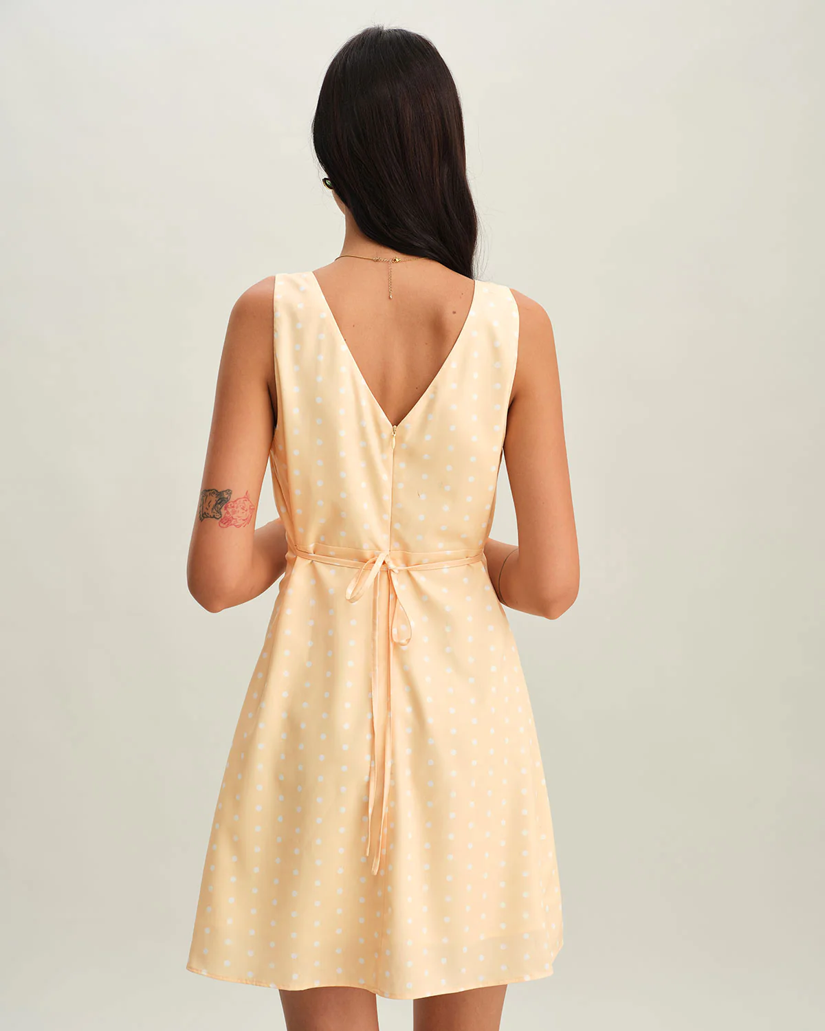Yellow V Neck Polka Dot Sleeveless Mini Dress - Image 5